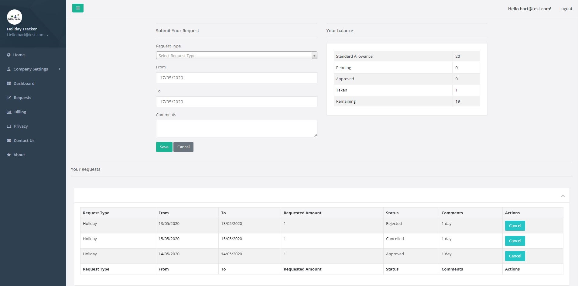 Screenshot of Holiday Tracker project dashboard